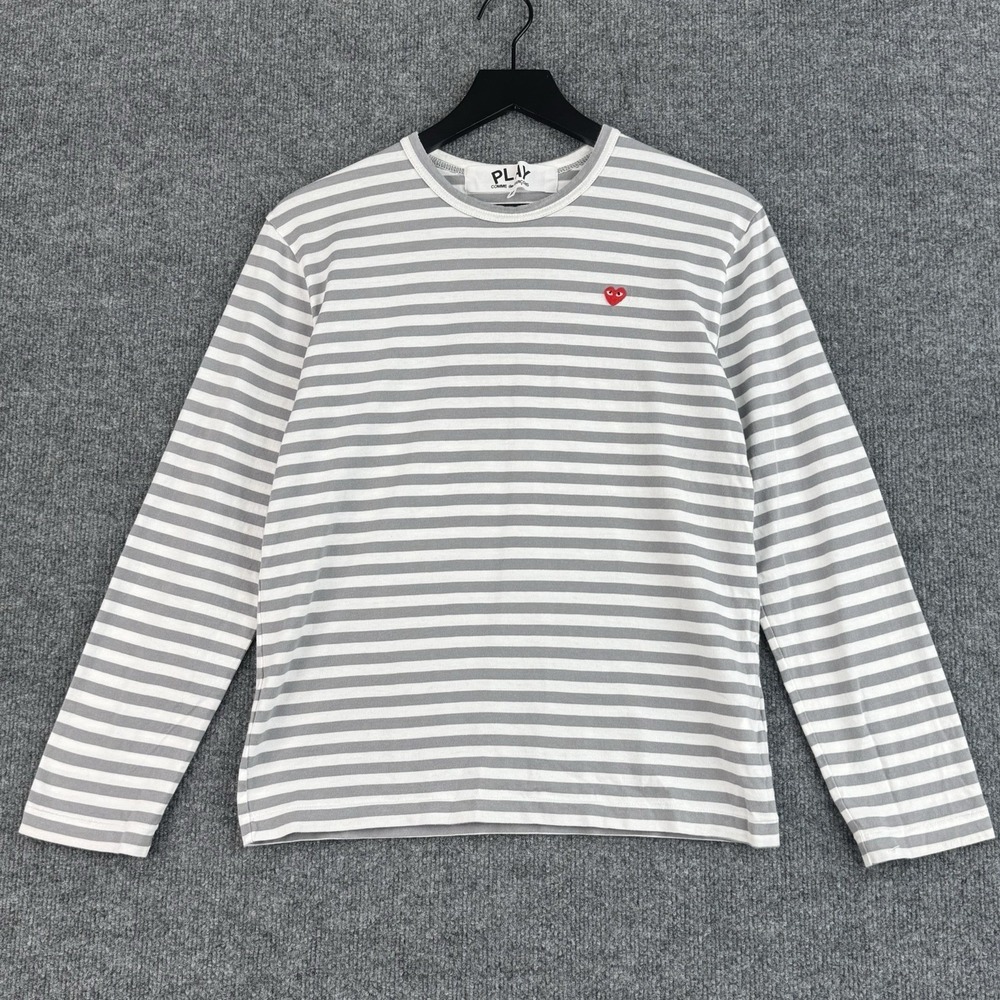 Comme des Garcons PLAY Shirt Mens M Gray Striped Red Heart Long Sleeve Japan